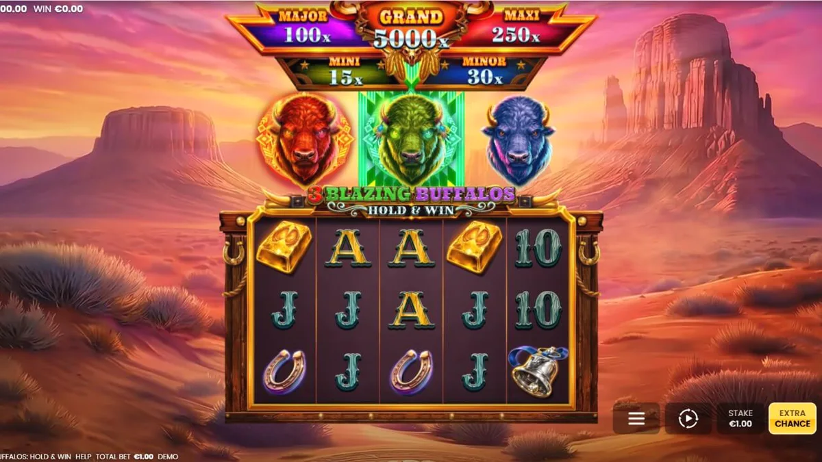 Interface do jogo 3 Blazing Buffalos: Hold & Win com elementos neon e búfalos espirituais.