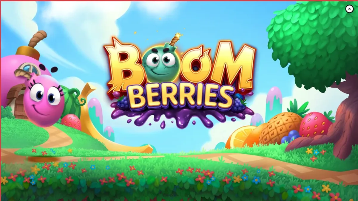 Visual vibrante e colorido do slot Boomberries com elementos de frutas e vilarejo de contos de fadas