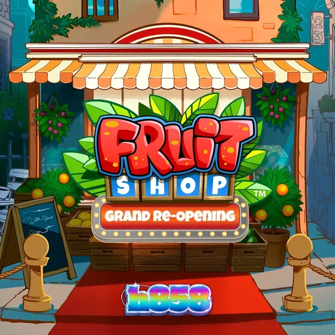 Interface colorida e vibrante do slot Fruit Shop Grand Re-Opening com símbolos de frutas clássicos.